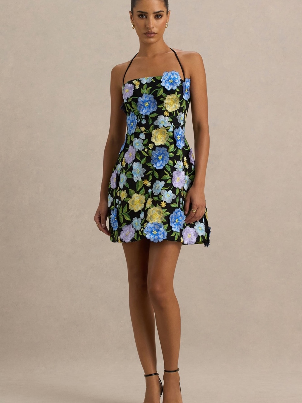 Aisha | Black Floral Embellished Square-Neck Mini Dress